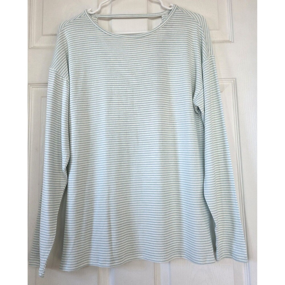 HALSTON STUDIO Ivory & Blue Striped Top Cutout Back Long Sleeves Women's S NWT